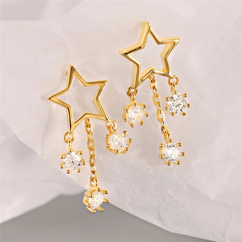 925 Sterling Silver Star Tassel Earrings with Zircon, Plated Jewelry