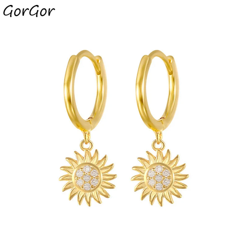Sunflower Pattern Zircon Drop Earrings 925 Sterling Silver Plated Jewelry
