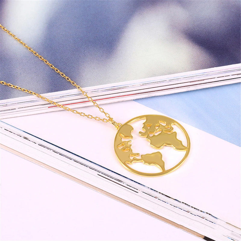 925 Sterling Earth Map Pendant Platinum Plated Necklace