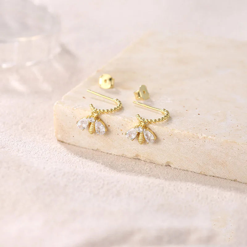 Bee Stud Earrings 925 Sterling Zircon Anniversary Jewelry