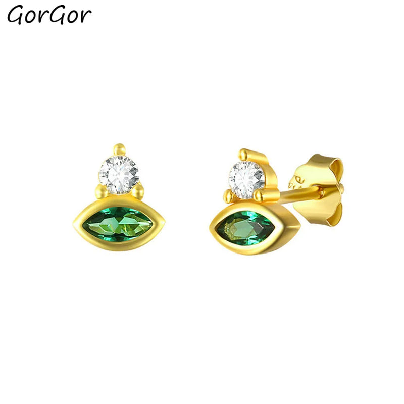 925 Sterling Horse Eye Green Zircon Stud Earrings Vintage Style