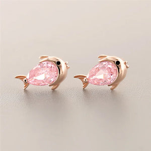 925 Sterling Pink Zircon Fish Stud Earrings for Women