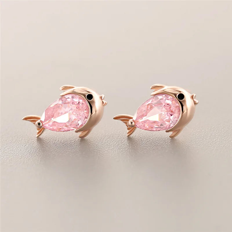 925 Sterling Pink Zircon Fish Stud Earrings for Women