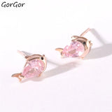 925 Sterling Pink Zircon Fish Stud Earrings for Women