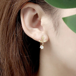 GorGor 925 Sterling Tree Leaf Stud Earrings Zircon Party Jewelry
