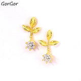 GorGor 925 Sterling Tree Leaf Stud Earrings Zircon Party Jewelry