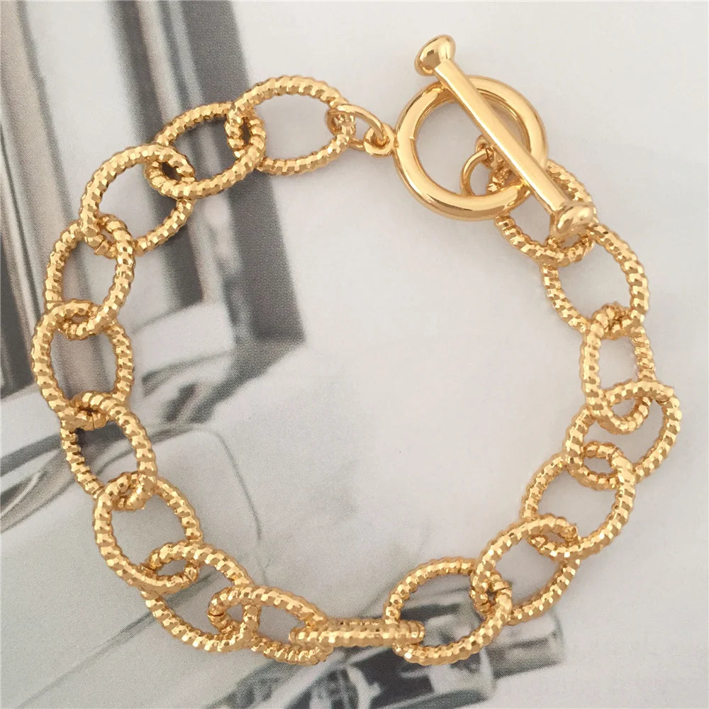 Textured Oval Linked Bracelet T O Bar Copper Material Jewelry