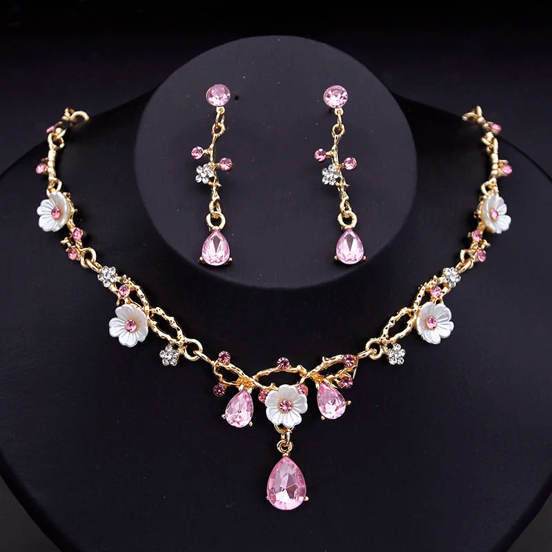 Crystal Flower Choker Necklace Earrings Bridal Set