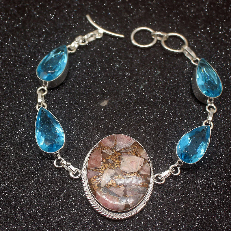 Rhodochrosite BlueTopaz Silver Charms Bracelet 8.75 inch