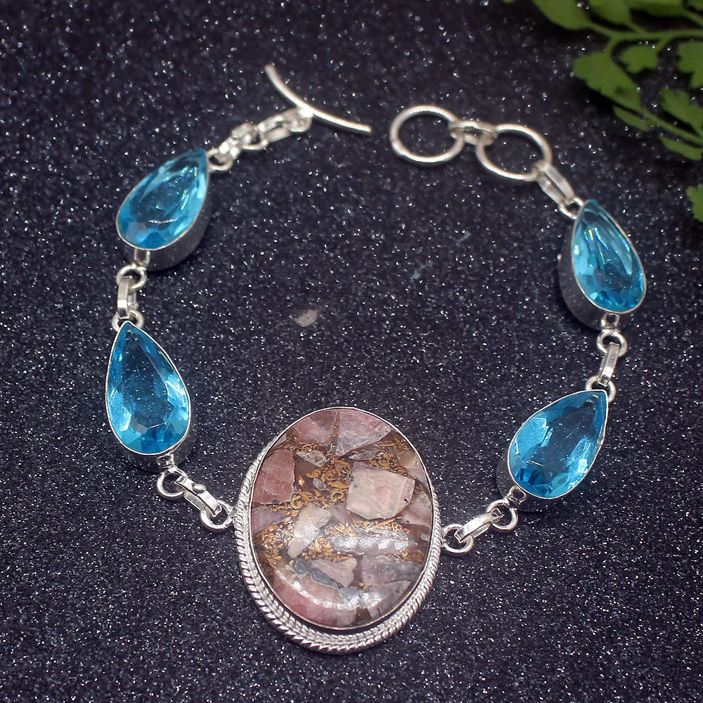 Rhodochrosite BlueTopaz Silver Charms Bracelet 8.75 inch