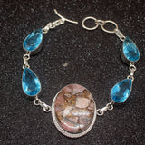 Rhodochrosite BlueTopaz Silver Charms Bracelet 8.75 inch