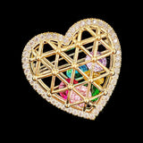 Golden Metallic Heart Cage Brooch with Colored Stones