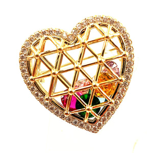 Golden Metallic Heart Cage Brooch with Colored Stones