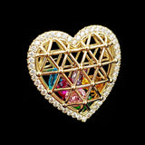 Golden Metallic Heart Cage Brooch with Colored Stones