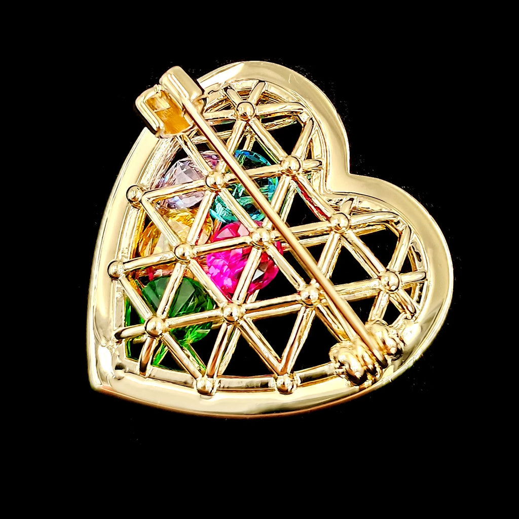 Golden Metallic Heart Cage Brooch with Colored Stones