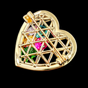 Golden Metallic Heart Cage Brooch with Colored Stones