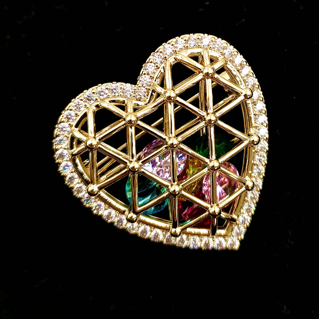 Golden Metallic Heart Cage Brooch with Colored Stones