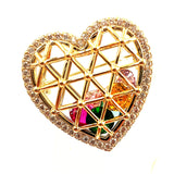 Golden Metallic Heart Cage Brooch with Colored Stones