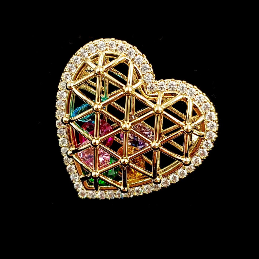 Golden Metallic Heart Cage Brooch with Colored Stones