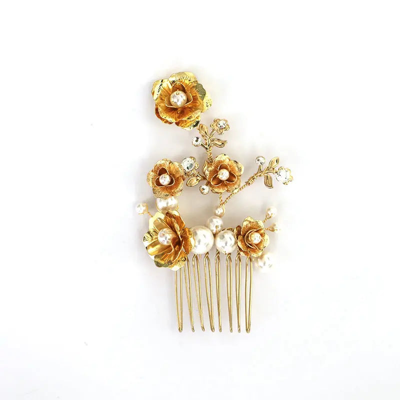 Metal Flower Bride Hair Comb Enamel Hair Accessories Pearl Wedding Jewelry