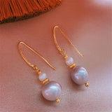 Natural Gray Baroque Pearl Earrings with 18K Leaf Hook