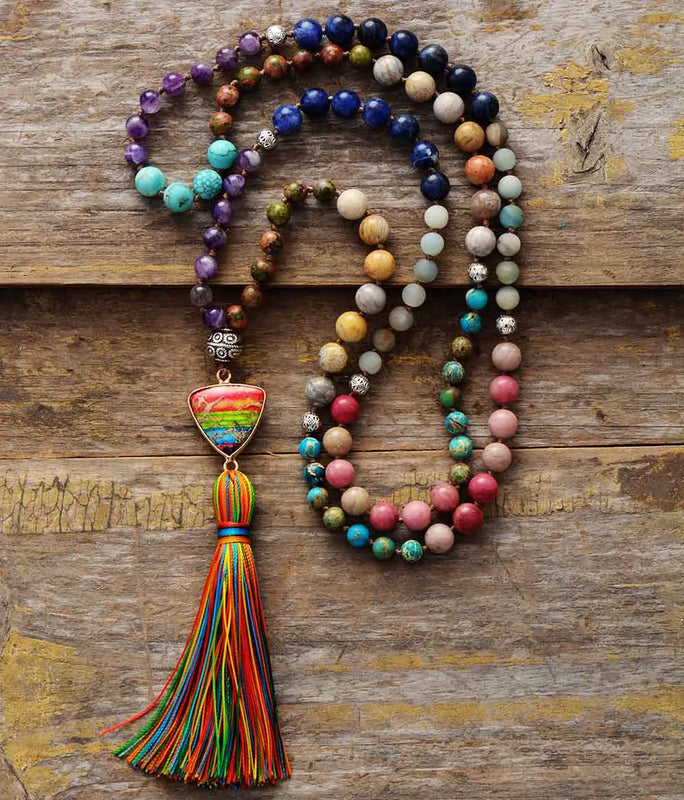 Natural Stones Chakra Triangle Tassel Necklace Women Rosary Jewelry