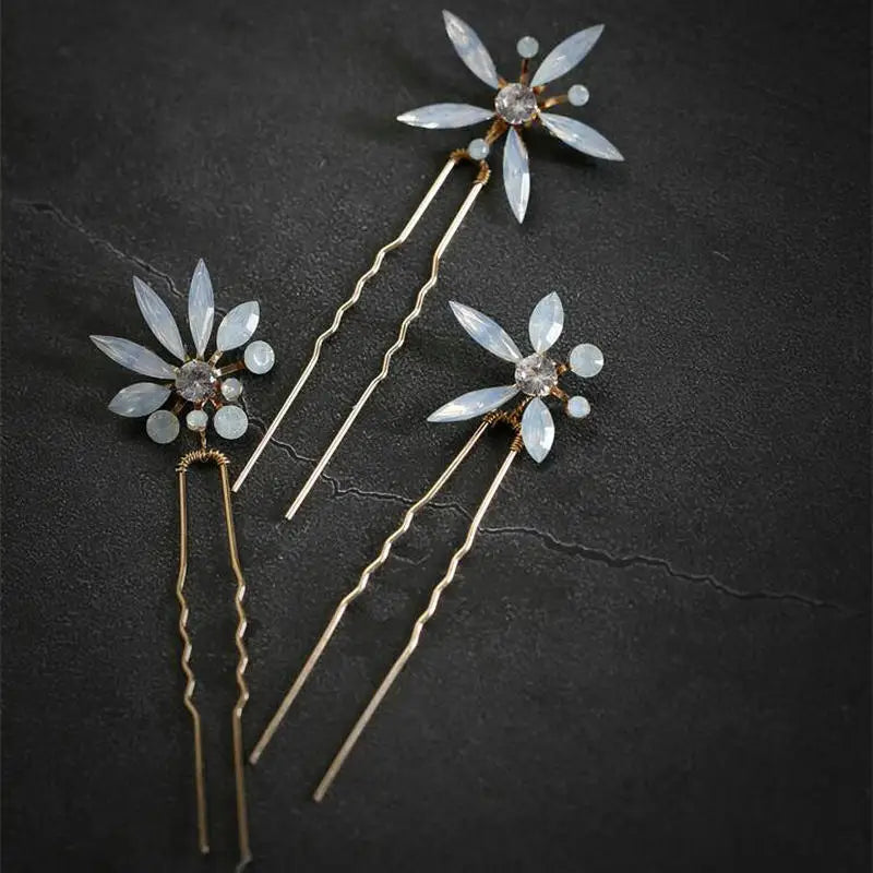 Opal Crystal Bridal Hairpin Rhinestones Flowers Wedding Hair Jewelry