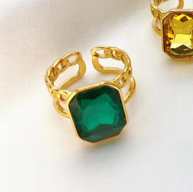 Green Crystal Zircon Square Open Ring for Women