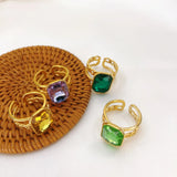 Green Crystal Zircon Square Open Ring for Women
