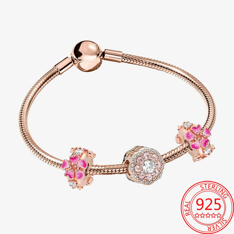 Sterling Silver 925 Rose Bracelet Pink Enamel Daisy Pav? Zircon Daisy