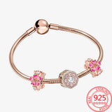 Sterling Silver 925 Rose Bracelet Pink Enamel Daisy Pav? Zircon Daisy