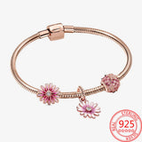 Sterling Silver 925 Rose Bracelet Pink Enamel Daisy Pav? Zircon Daisy