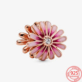 Sterling Silver 925 Rose Bracelet Pink Enamel Daisy Pav? Zircon Daisy
