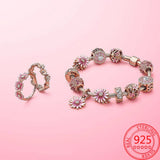 Sterling Silver 925 Rose Bracelet Pink Enamel Daisy Pav? Zircon Daisy