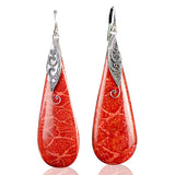 Teardrop Coral Stone Earrings Engraved Metal Orange Dangle Earrings