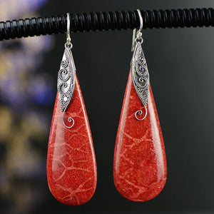 Teardrop Coral Stone Earrings Engraved Metal Orange Dangle Earrings
