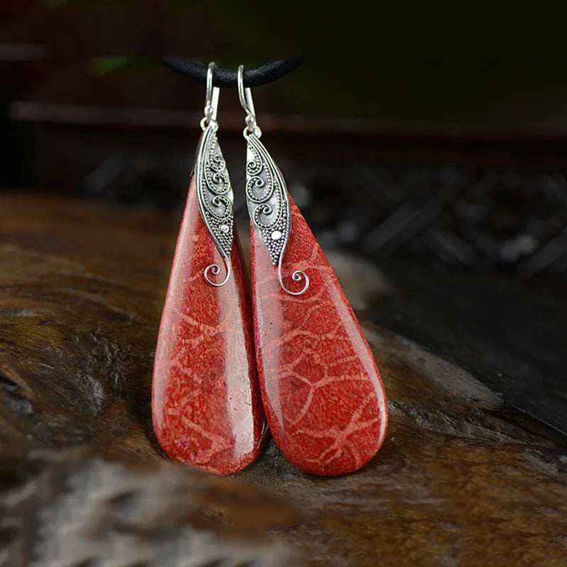 Teardrop Coral Stone Earrings Engraved Metal Orange Dangle Earrings