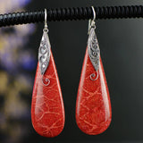 Teardrop Coral Stone Earrings Engraved Metal Orange Dangle Earrings