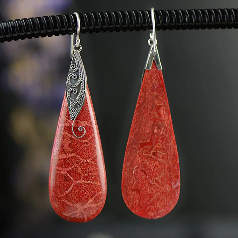 Teardrop Coral Stone Earrings Engraved Metal Orange Dangle Earrings