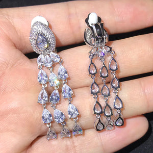 Long CZ Clip On Earrings for Women Evening Party Jewelry