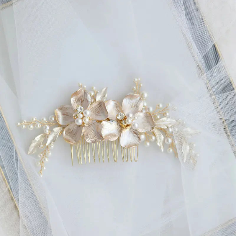 Enamel Flowers Bridal Hair Comb Pearl Headdress Hand Leaf Hair Accessories