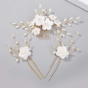 Flower Pearls Hair Sticks Wedding Head Comb Hairpins Set