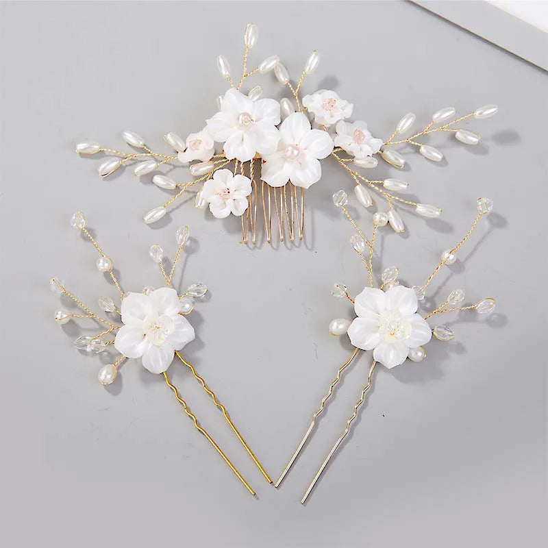 Flower Pearls Hair Sticks Wedding Head Comb Hairpins Set