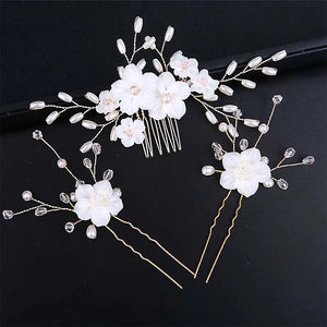 Flower Pearls Hair Sticks Wedding Head Comb Hairpins Set