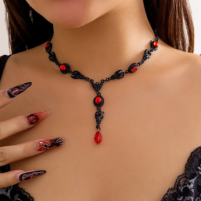 Goth Bat Water Drop Crystal Chest Chain Necklace Vintage Geometric Choker