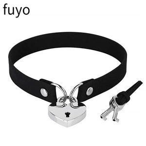 Goth Lock Chain PU Leather Choker Necklace Women Heart Necklace
