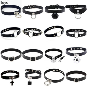 Goth Lock Chain PU Leather Choker Necklace Women Heart Necklace