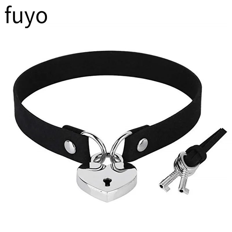 Goth Lock Chain PU Leather Choker Necklace Women Heart Necklace