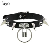 Goth Lock Chain PU Leather Choker Necklace Women Heart Necklace
