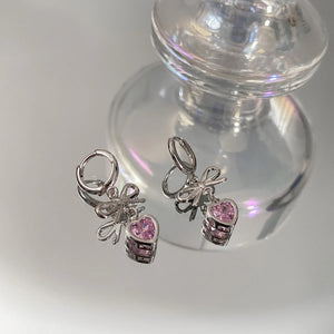 Goth Bow Heart Earrings Pink Peach Pendant Egirl Y2K Accessories
